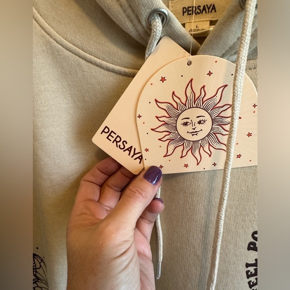 Persaya NWT Juniors Large Celestial Hooded Tan Sweatshirt Kangaroo Pouch Pocket - Picture 8 of 12